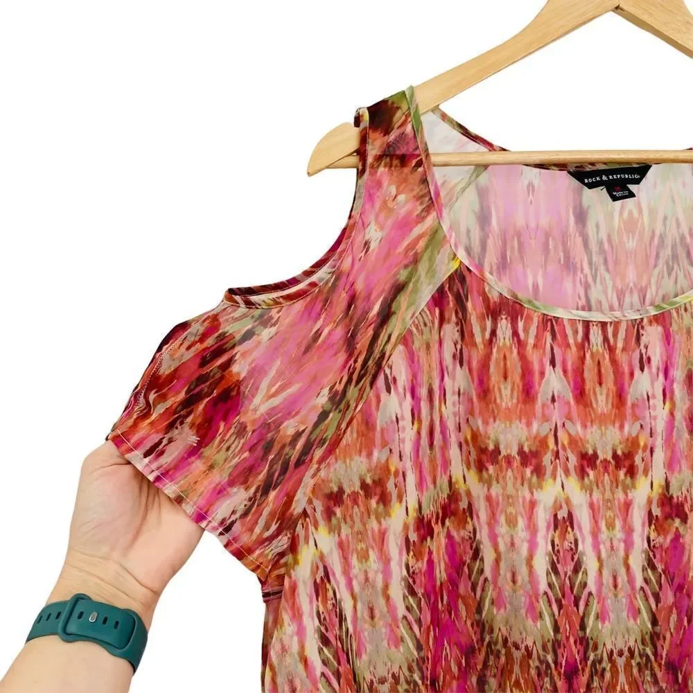 Rock & republic sheer cold shoulder orange and pink boho print high low top